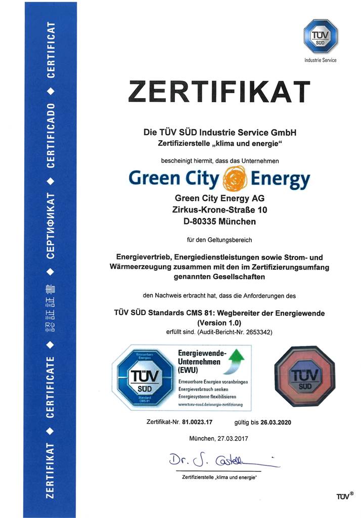 TÃœV SÃœD zertifiziert Green City Energy als â€žWegbereiter der Energiewendeâ€œ